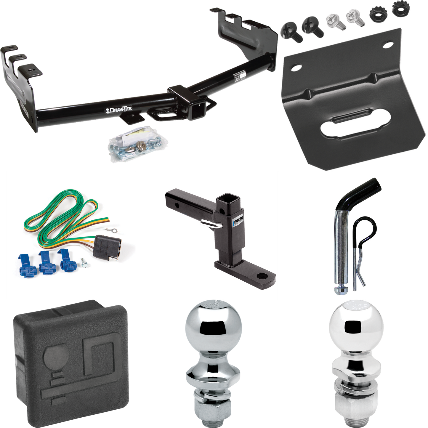 Fits 1999-2004 Chevrolet Silverado 2500 Trailer Hitch Tow PKG w/ 4-Flat Wiring + Adjustable Drop Rise Ball Mount + Pin/Clip + 2" Ball + 1-7/8" Ball + Wiring Bracket + Hitch Cover By Draw-Tite