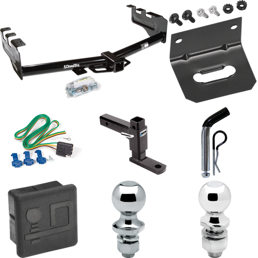 Fits 1999-2004 Chevrolet Silverado 2500 Trailer Hitch Tow PKG w/ 4-Flat Wiring + Adjustable Drop Rise Ball Mount + Pin/Clip + 2" Ball + 1-7/8" Ball + Wiring Bracket + Hitch Cover By Draw-Tite