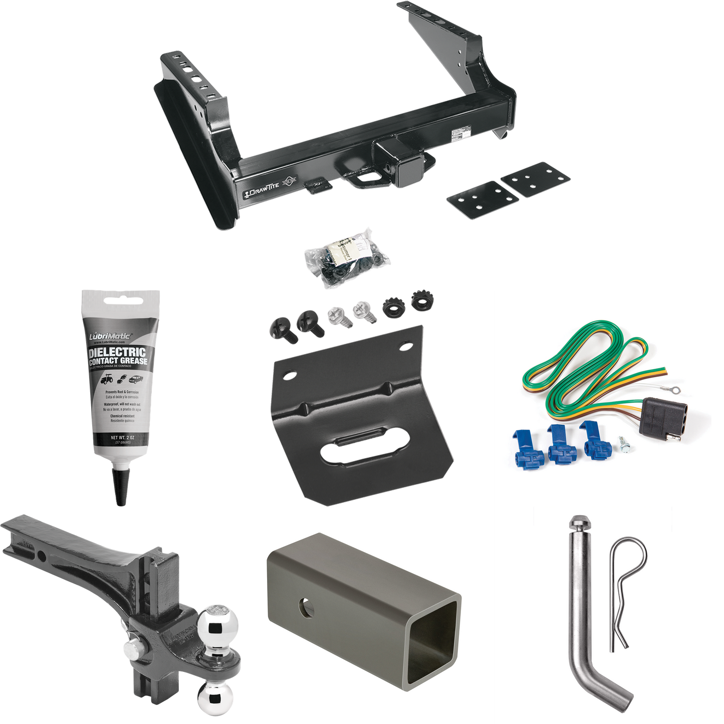 Fits 1999-2016 Ford F-250 Super Duty Trailer Hitch Tow PKG w/ 4-Flat Wiring Harness + 2-1/2" to 2" Adapter 6" Length + Adjustable Drop Rise Dual Ball Ball Mount 2" & 2-5/16" Trailer Balls + Pin/Clip + Wiring Bracket + Electric Grease (Excludes: Cab &