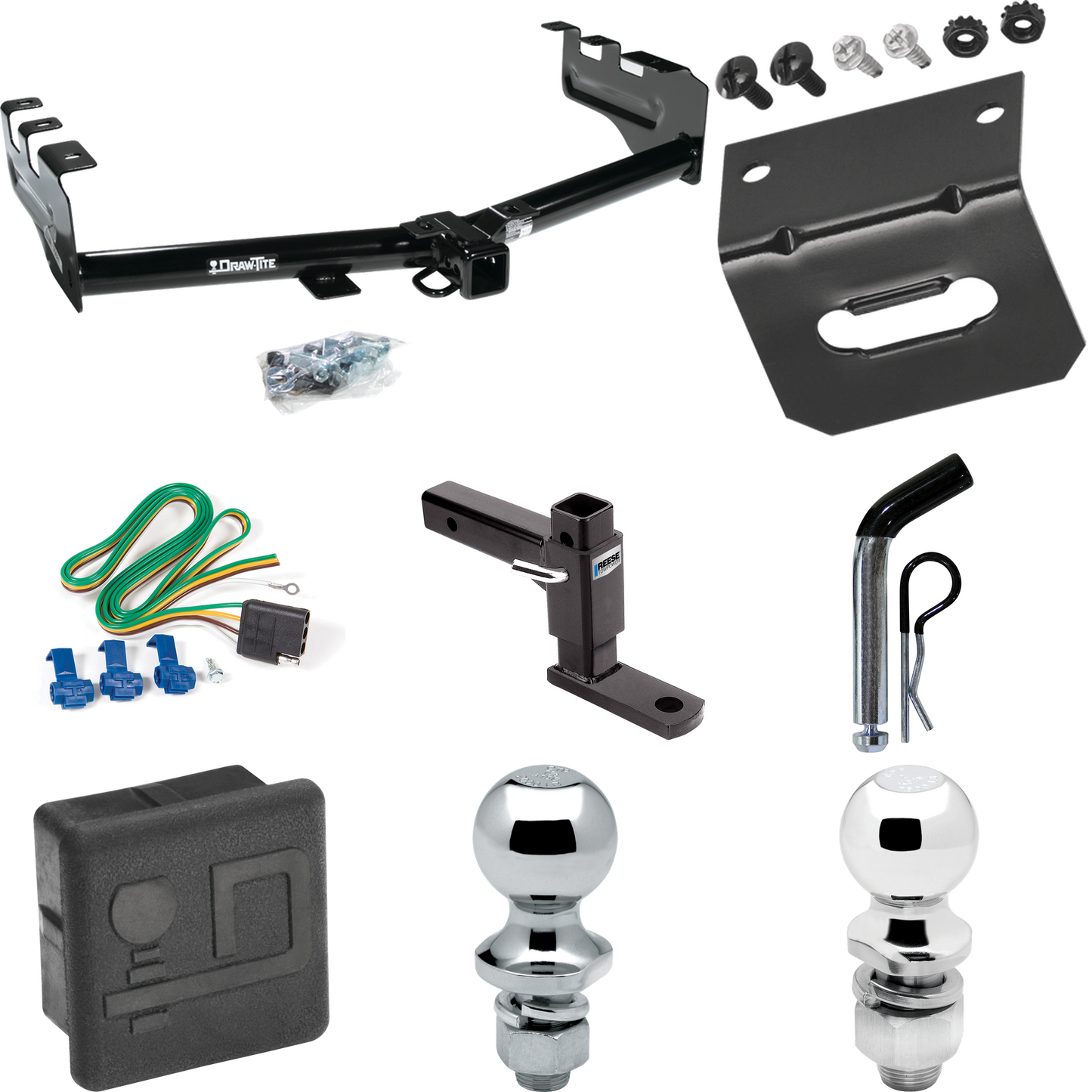 Fits 1999-2004 Chevrolet Silverado 2500 Trailer Hitch Tow PKG w/ 4-Flat Wiring + Adjustable Drop Rise Ball Mount + Pin/Clip + 2" Ball + 1-7/8" Ball + Wiring Bracket + Hitch Cover By Draw-Tite