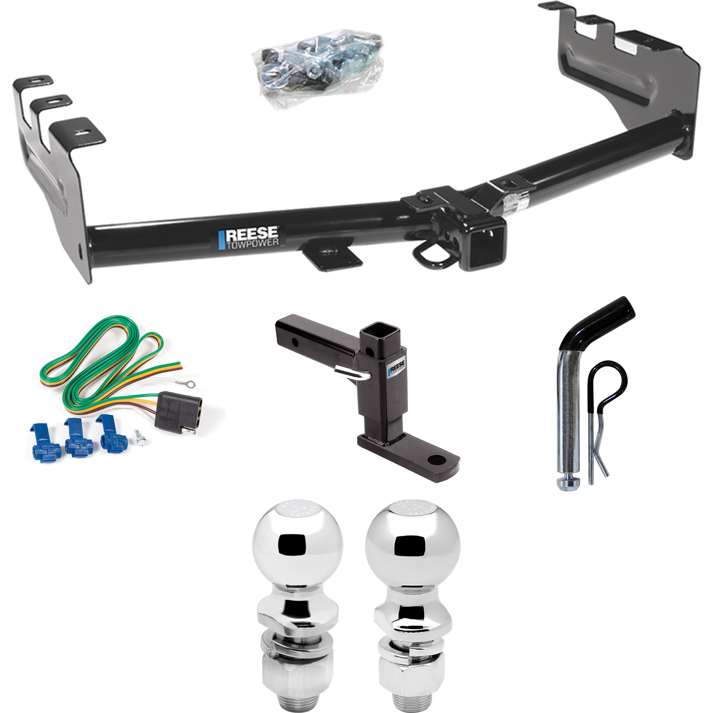 Fits 1999-2004 Chevrolet Silverado 2500 Trailer Hitch Tow PKG w/ 4-Flat Wiring + Adjustable Drop Rise Ball Mount + Pin/Clip + 2" Ball + 2-5/16" Ball By Reese Towpower