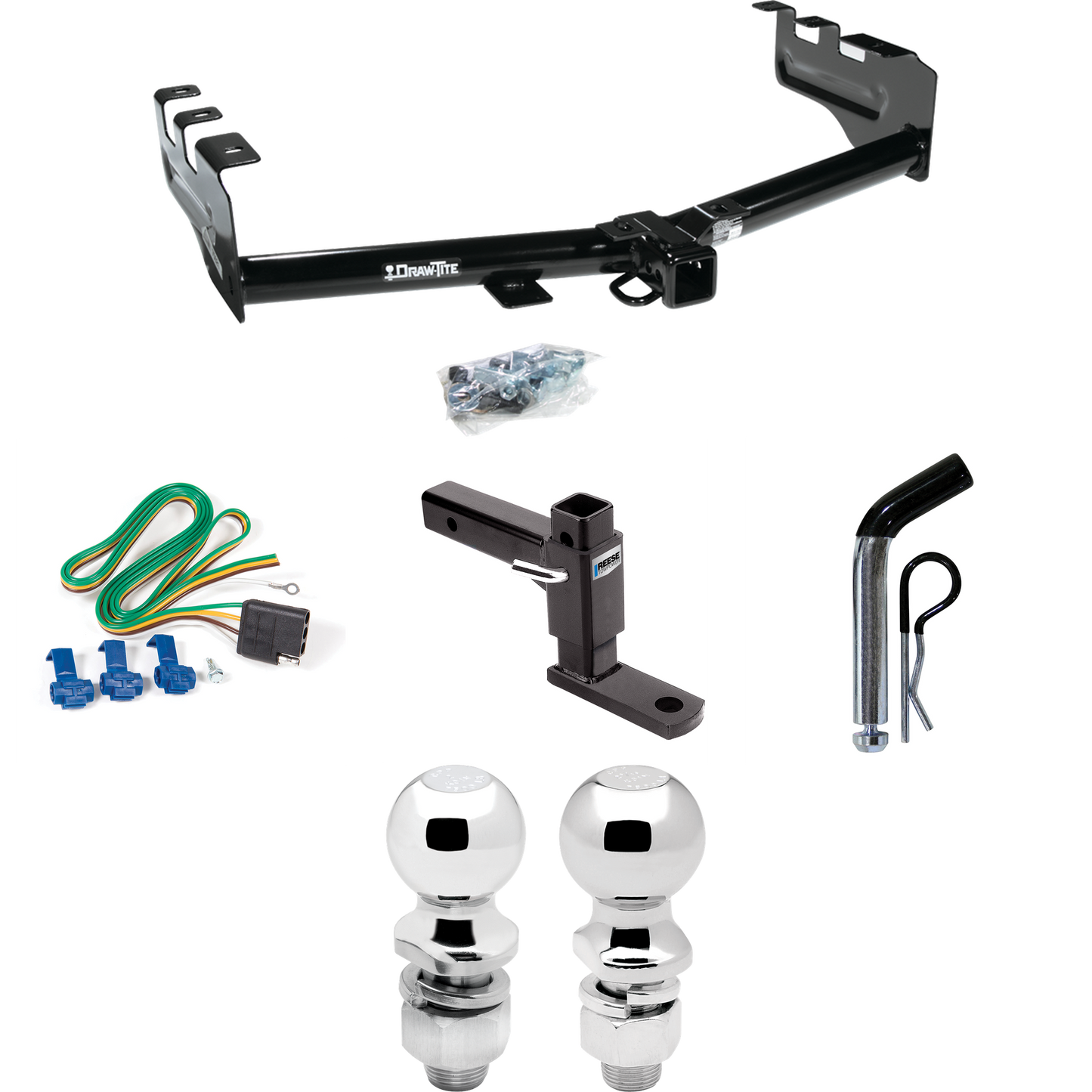 Fits 1999-2002 Chevrolet Silverado 1500 Trailer Hitch Tow PKG w/ 4-Flat Wiring + Adjustable Drop Rise Ball Mount + Pin/Clip + 2" Ball + 2-5/16" Ball By Draw-Tite