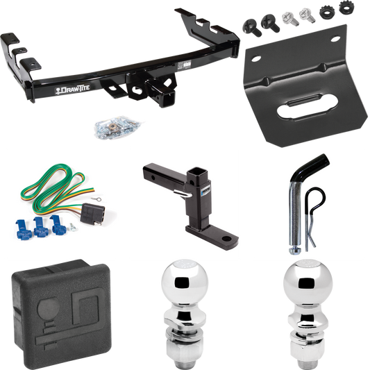 Fits 1999-2002 GMC Sierra 1500 Trailer Hitch Tow PKG w/ 4-Flat Wiring + Adjustable Drop Rise Ball Mount + Pin/Clip + 2" Ball + 2-5/16" Ball + Wiring Bracket + Hitch Cover By Draw-Tite