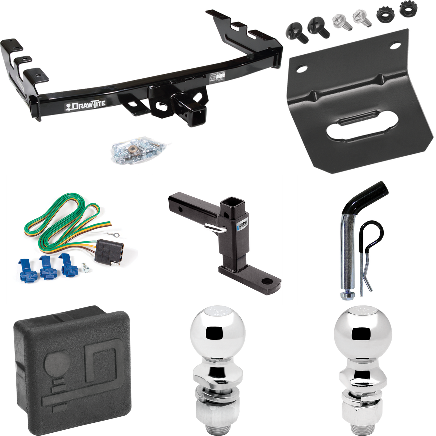 Fits 2003-2007 GMC Sierra 1500 Trailer Hitch Tow PKG w/ 4-Flat Wiring + Adjustable Drop Rise Ball Mount + Pin/Clip + 2" Ball + 2-5/16" Ball + Wiring Bracket + Hitch Cover (For (Classic) Models) By Draw-Tite