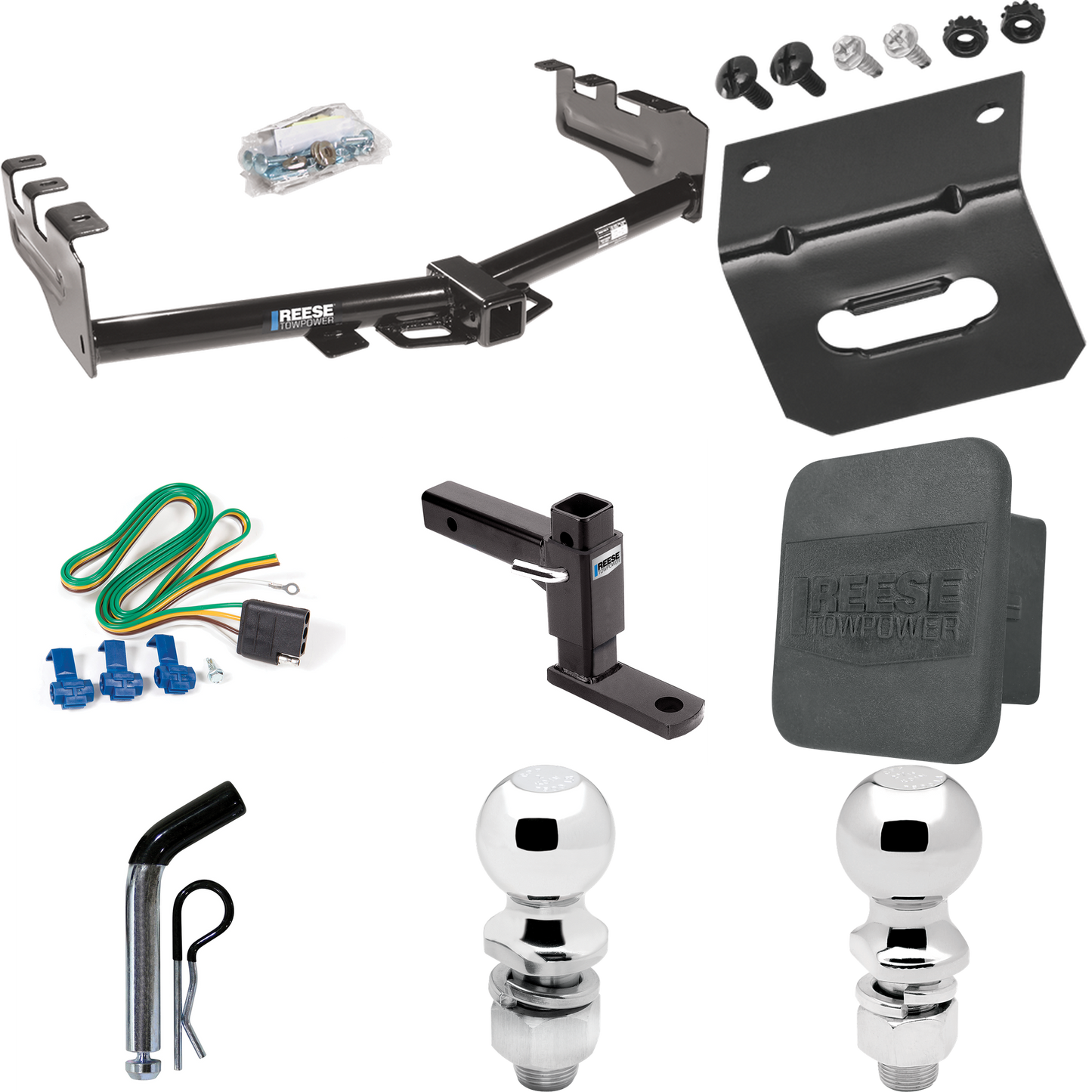 Fits 1999-2002 GMC Sierra 1500 Trailer Hitch Tow PKG w/ 4-Flat Wiring + Adjustable Drop Rise Ball Mount + Pin/Clip + 2" Ball + 2-5/16" Ball + Wiring Bracket + Hitch Cover By Reese Towpower