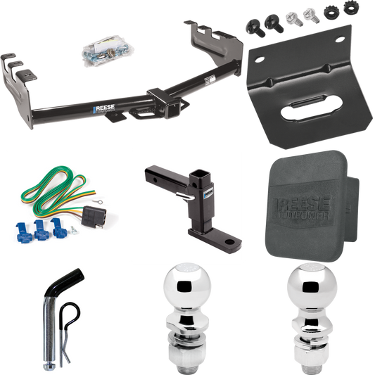 Fits 1999-2002 GMC Sierra 1500 Trailer Hitch Tow PKG w/ 4-Flat Wiring + Adjustable Drop Rise Ball Mount + Pin/Clip + 2" Ball + 2-5/16" Ball + Wiring Bracket + Hitch Cover By Reese Towpower