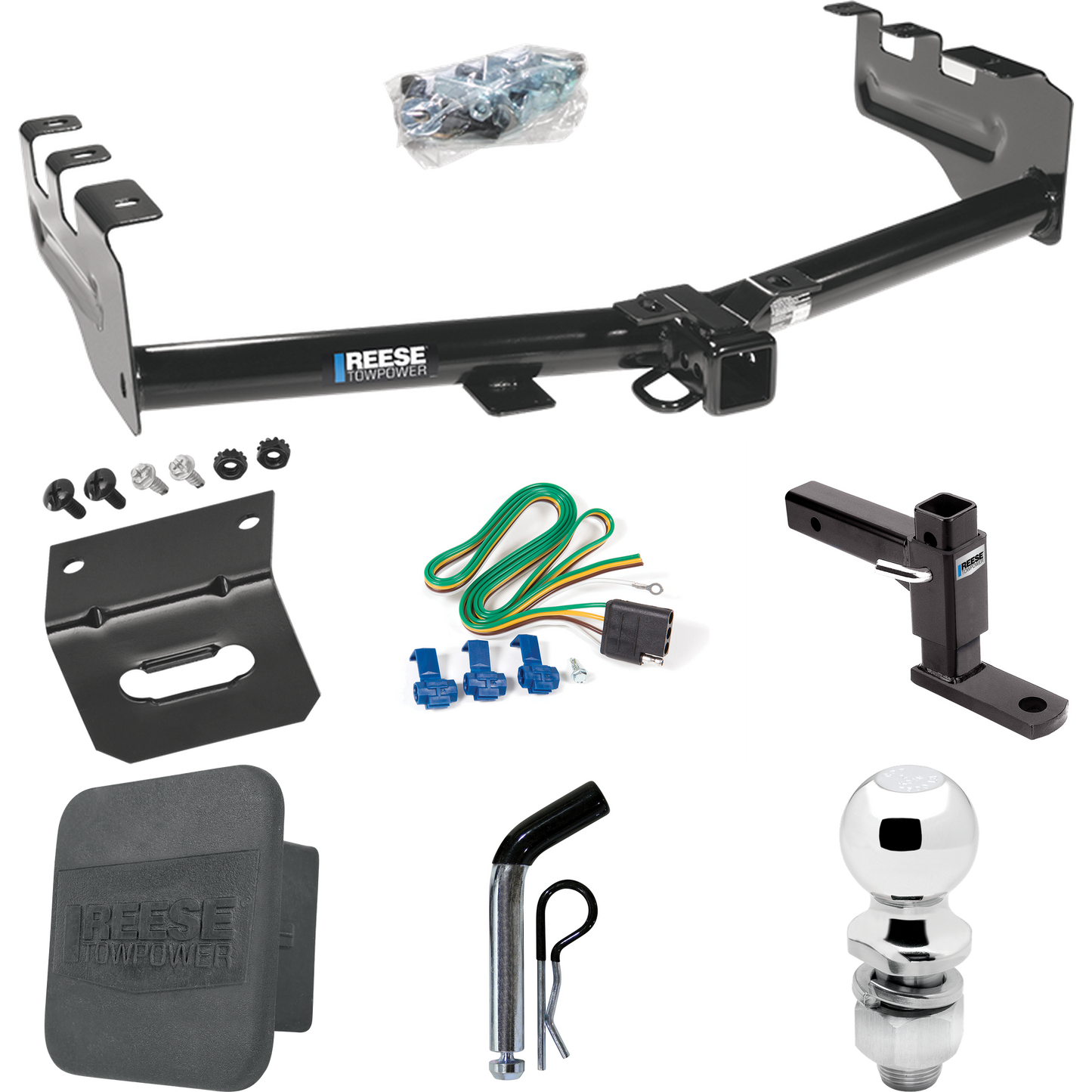 Fits 1999-2004 Chevrolet Silverado 2500 Trailer Hitch Tow PKG w/ 4-Flat Wiring + Adjustable Drop Rise Ball Mount + Pin/Clip + 2" Ball + Wiring Bracket + Hitch Cover By Reese Towpower