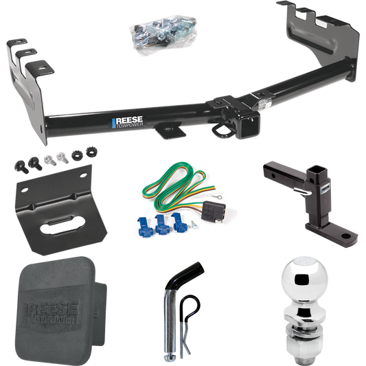 Fits 1999-2004 Chevrolet Silverado 2500 Trailer Hitch Tow PKG w/ 4-Flat Wiring + Adjustable Drop Rise Ball Mount + Pin/Clip + 2" Ball + Wiring Bracket + Hitch Cover By Reese Towpower