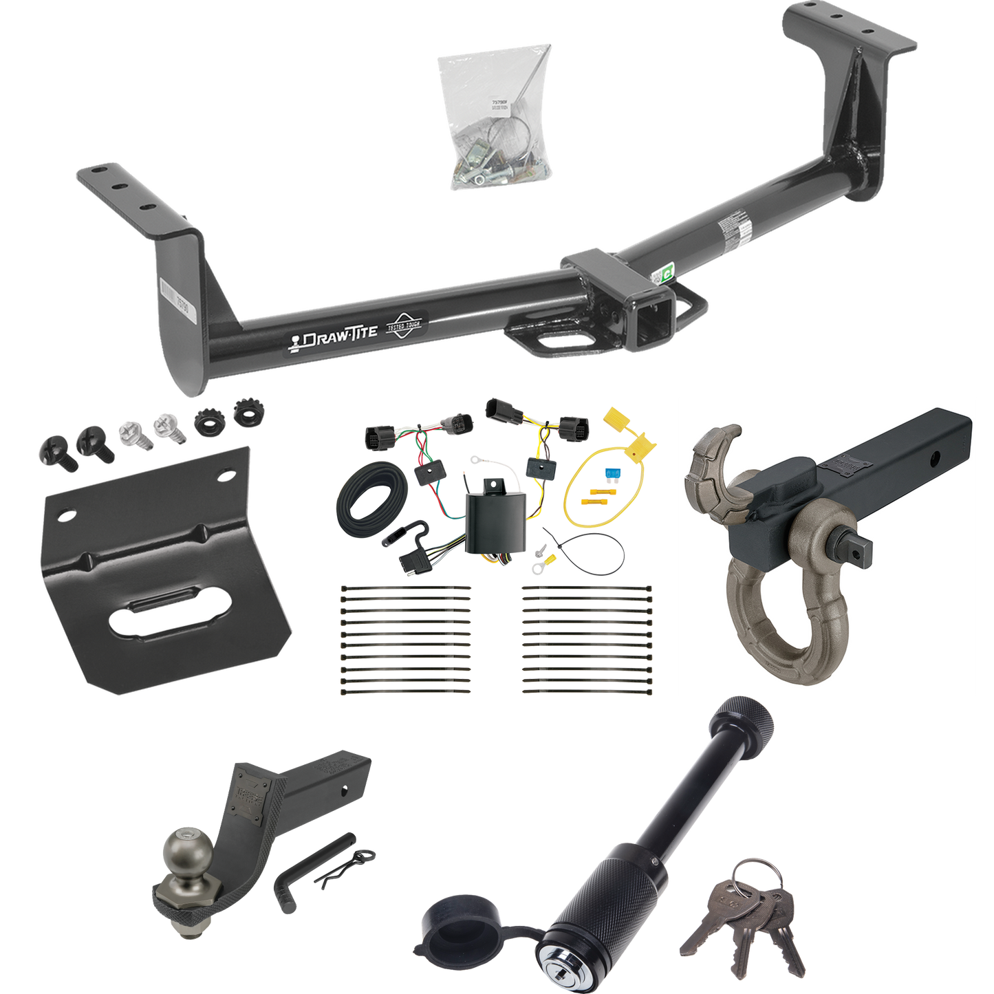 Fits 2013-2016 Ford Ranger Trailer Hitch Tow PKG w/ 4-Flat Wiring + Interlock Tactical Starter Kit w/ 3-1/4" Drop & 2" Ball + Tactical Hook & Shackle Mount + Tactical Dogbone Lock + Wiring Bracket By Draw-Tite