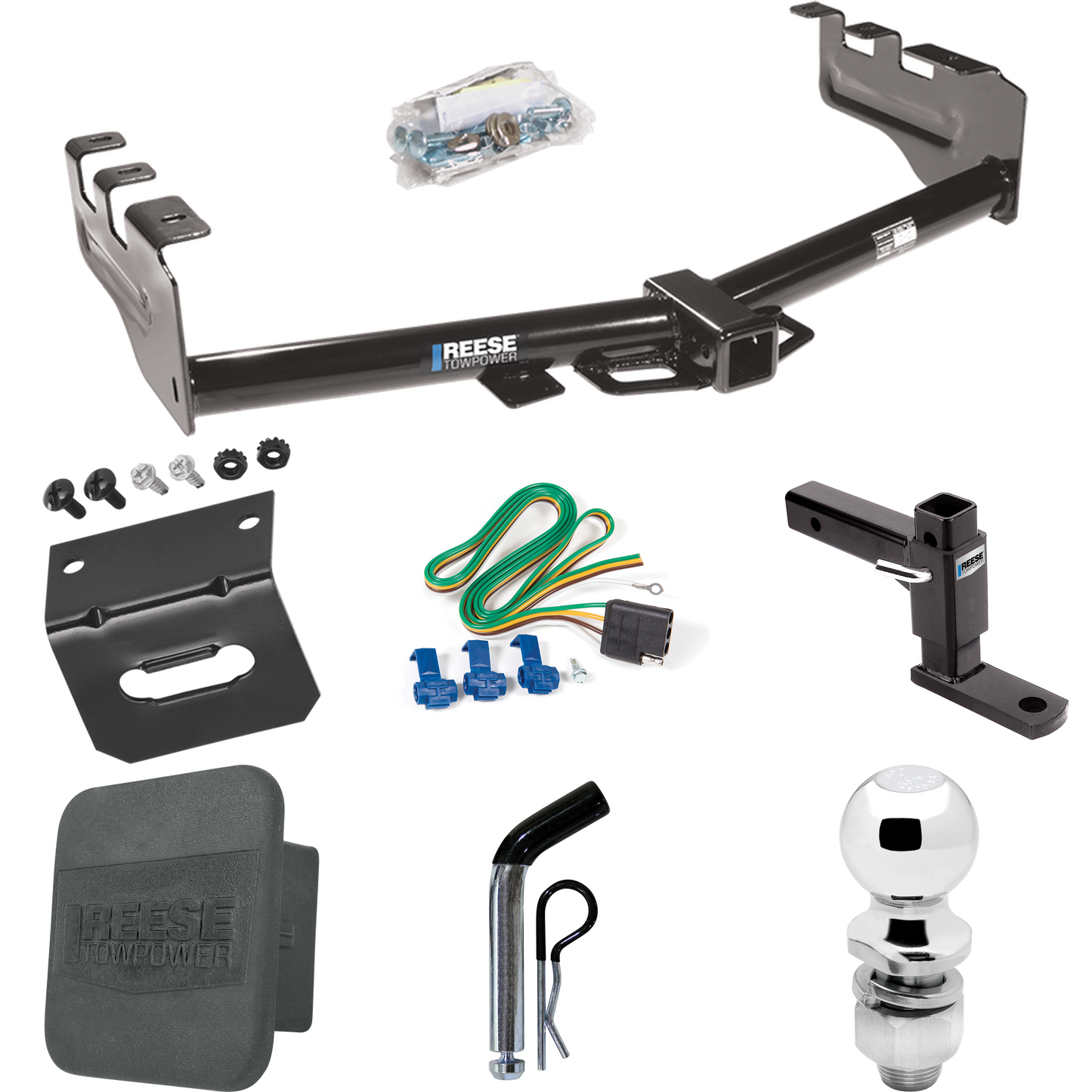 Fits 2003-2007 Chevrolet Silverado 1500 Trailer Hitch Tow PKG w/ 4-Flat Wiring + Adjustable Drop Rise Ball Mount + Pin/Clip + 2" Ball + Wiring Bracket + Hitch Cover (For (Classic) Models) By Reese Towpower