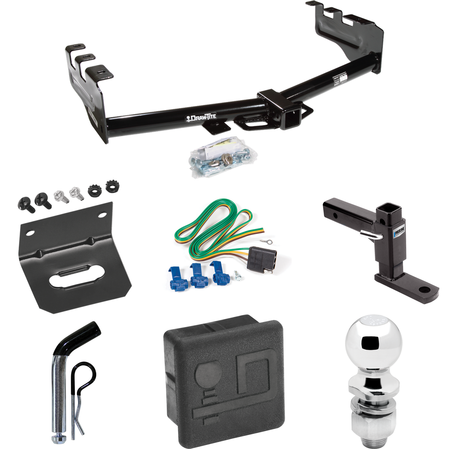 Fits 2005-2007 Chevrolet Silverado 1500 HD Trailer Hitch Tow PKG w/ 4-Flat Wiring + Adjustable Drop Rise Ball Mount + Pin/Clip + 2" Ball + Wiring Bracket + Hitch Cover (For (Classic) Models) By Draw-Tite