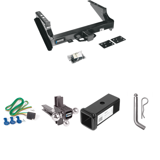 Fits 1999-2023 Ford F-250 Super Duty Trailer Hitch Tow PKG w/ 4-Flat Wiring Harness + 2-1/2" to 2" Adapter 7" Length + Adjustable Drop Rise Triple Ball Ball Mount 1-7/8" & 2" & 2-5/16" Trailer Balls + Pin/Clip (Excludes: Cab & Chassis Models) By Rees