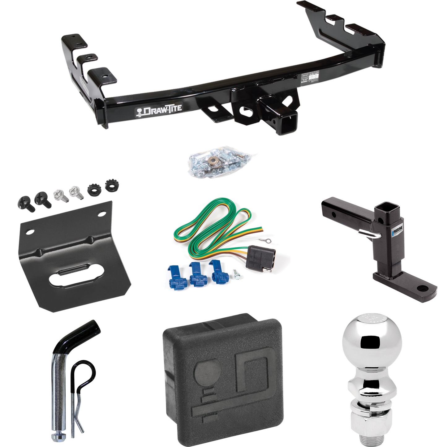 Fits 1999-2004 Chevrolet Silverado 2500 Trailer Hitch Tow PKG w/ 4-Flat Wiring + Adjustable Drop Rise Ball Mount + Pin/Clip + 2-5/16" Ball + Wiring Bracket + Hitch Cover By Draw-Tite