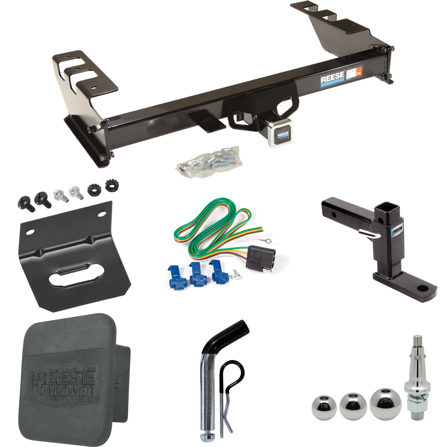 Fits 2003-2007 GMC Sierra 1500 Trailer Hitch Tow PKG w/ 4-Flat Wiring + Adjustable Drop Rise Ball Mount + Pin/Clip + Inerchangeable 1-7/8" & 2" & 2-5/16" Balls + Wiring Bracket + Hitch Cover (For (Classic) Models) By Reese Towpower