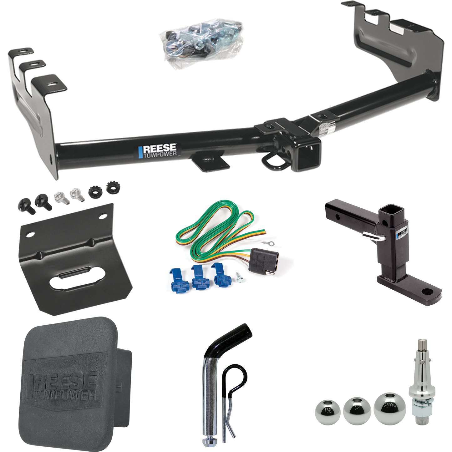 Fits 2005-2007 Chevrolet Silverado 1500 HD Trailer Hitch Tow PKG w/ 4-Flat Wiring + Adjustable Drop Rise Ball Mount + Pin/Clip + Inerchangeable 1-7/8" & 2" & 2-5/16" Balls + Wiring Bracket + Hitch Cover (For (Classic) Models) By Reese Towpower