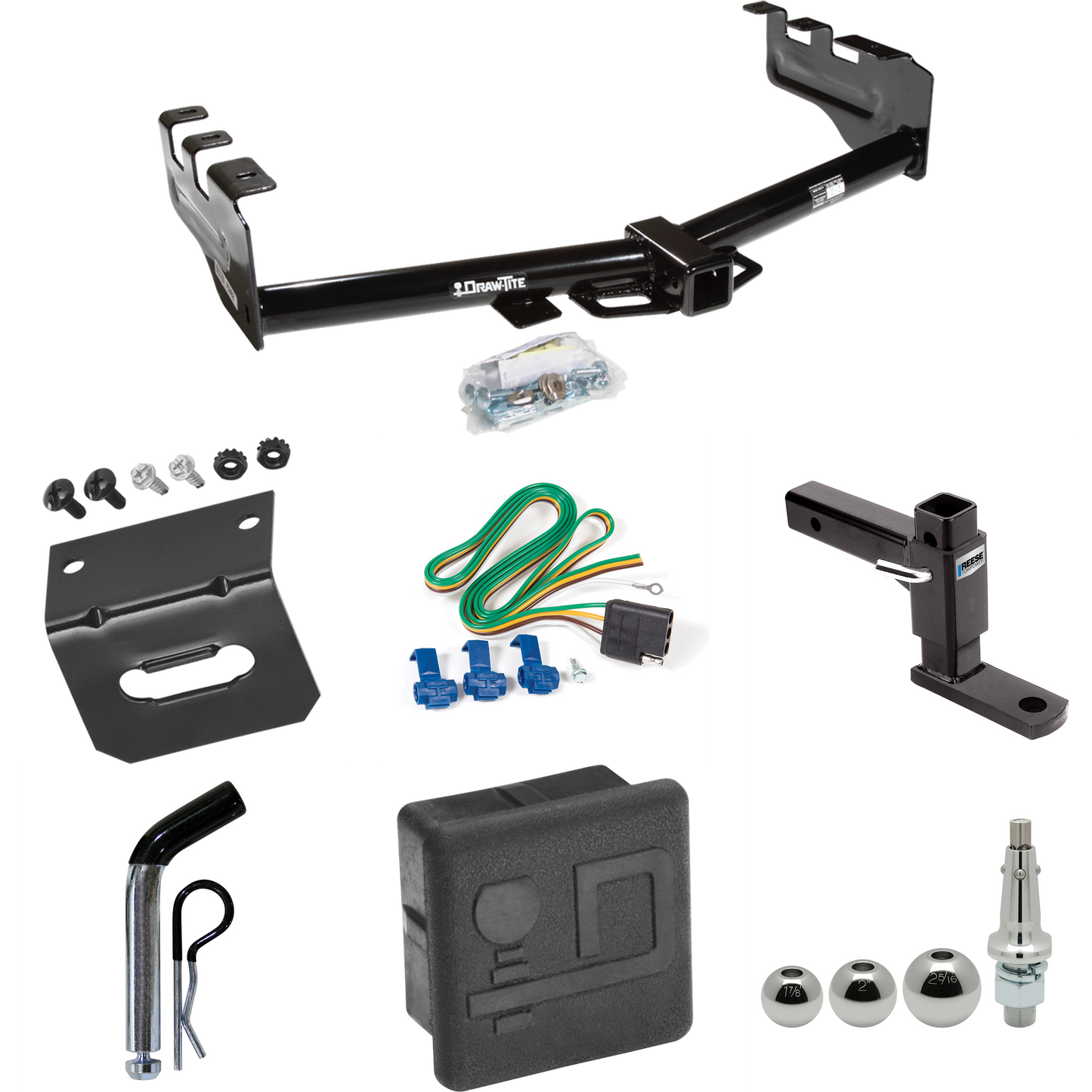 Fits 2005-2007 Chevrolet Silverado 1500 HD Trailer Hitch Tow PKG w/ 4-Flat Wiring + Adjustable Drop Rise Ball Mount + Pin/Clip + Inerchangeable 1-7/8" & 2" & 2-5/16" Balls + Wiring Bracket + Hitch Cover (For (Classic) Models) By Draw-Tite