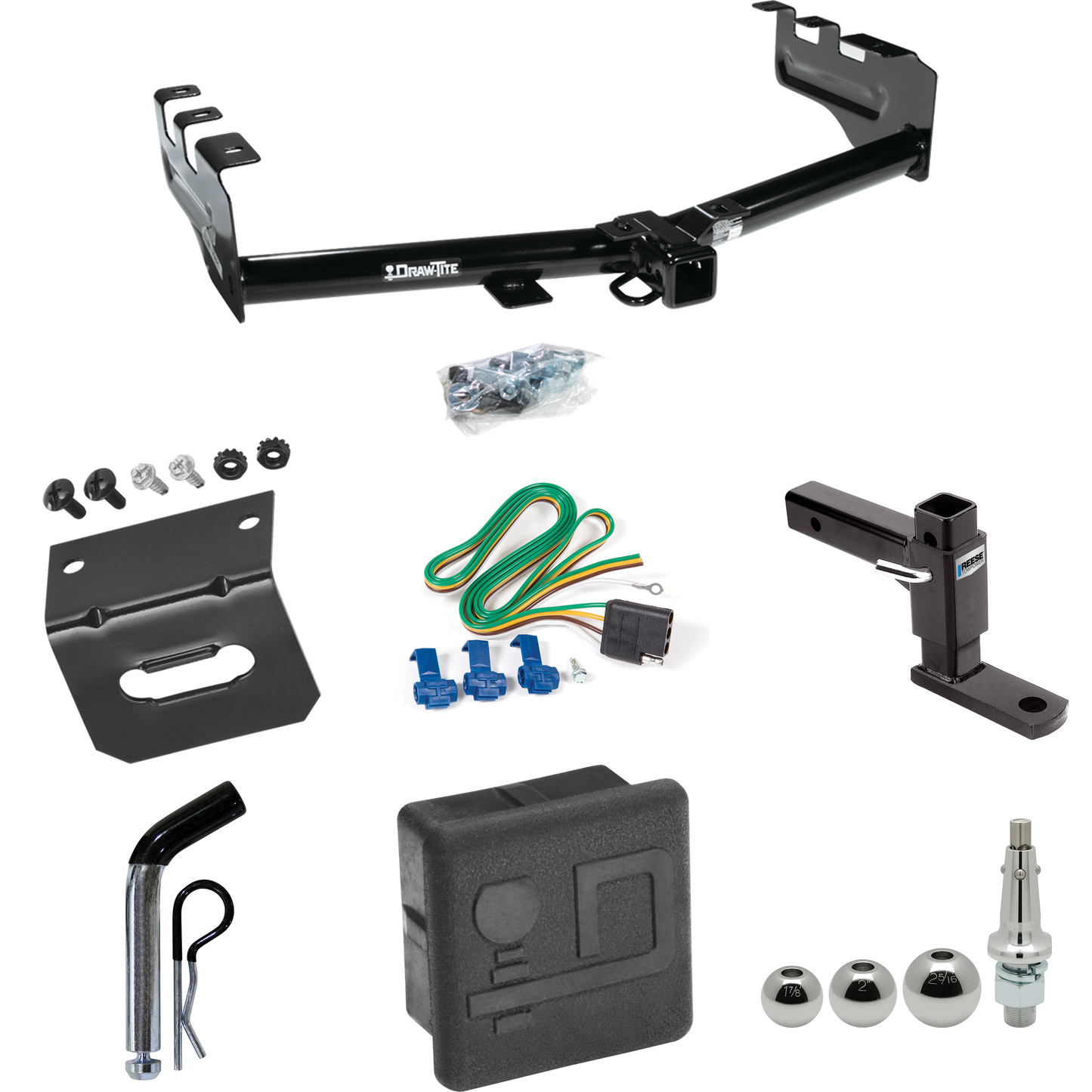 Fits 2005-2007 Chevrolet Silverado 1500 HD Trailer Hitch Tow PKG w/ 4-Flat Wiring + Adjustable Drop Rise Ball Mount + Pin/Clip + Inerchangeable 1-7/8" & 2" & 2-5/16" Balls + Wiring Bracket + Hitch Cover (For (Classic) Models) By Draw-Tite