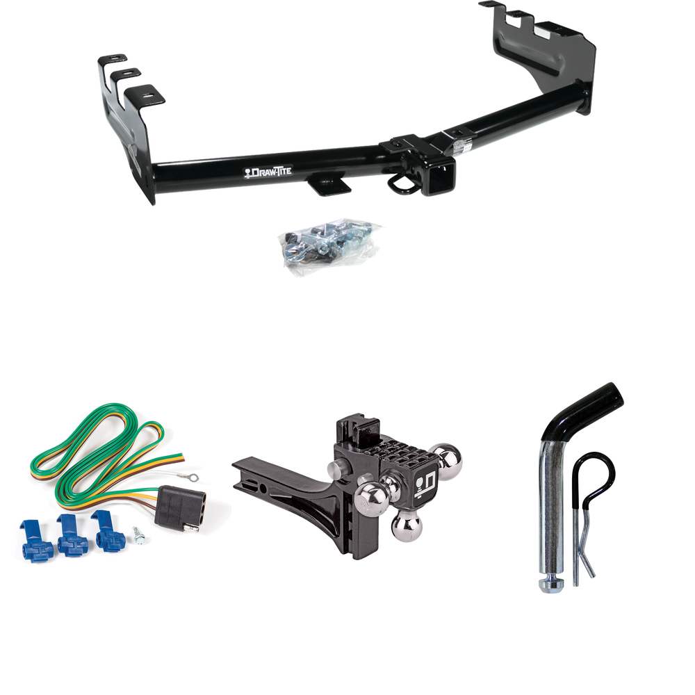 Fits 1999-2002 GMC Sierra 1500 Trailer Hitch Tow PKG w/ 4-Flat Wiring + Adjustable Drop Rise Triple Ball Ball Mount 1-7/8" & 2" & 2-5/16" Trailer Balls + Pin/Clip By Draw-Tite