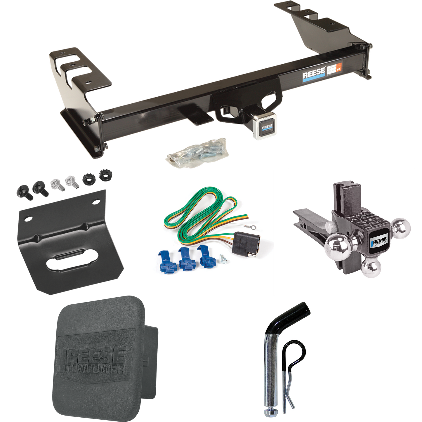 Fits 1999-2002 Chevrolet Silverado 1500 Trailer Hitch Tow PKG w/ 4-Flat Wiring + Adjustable Drop Rise Triple Ball Ball Mount 1-7/8" & 2" & 2-5/16" Trailer Balls + Pin/Clip + Wiring Bracket + Hitch Cover By Reese Towpower