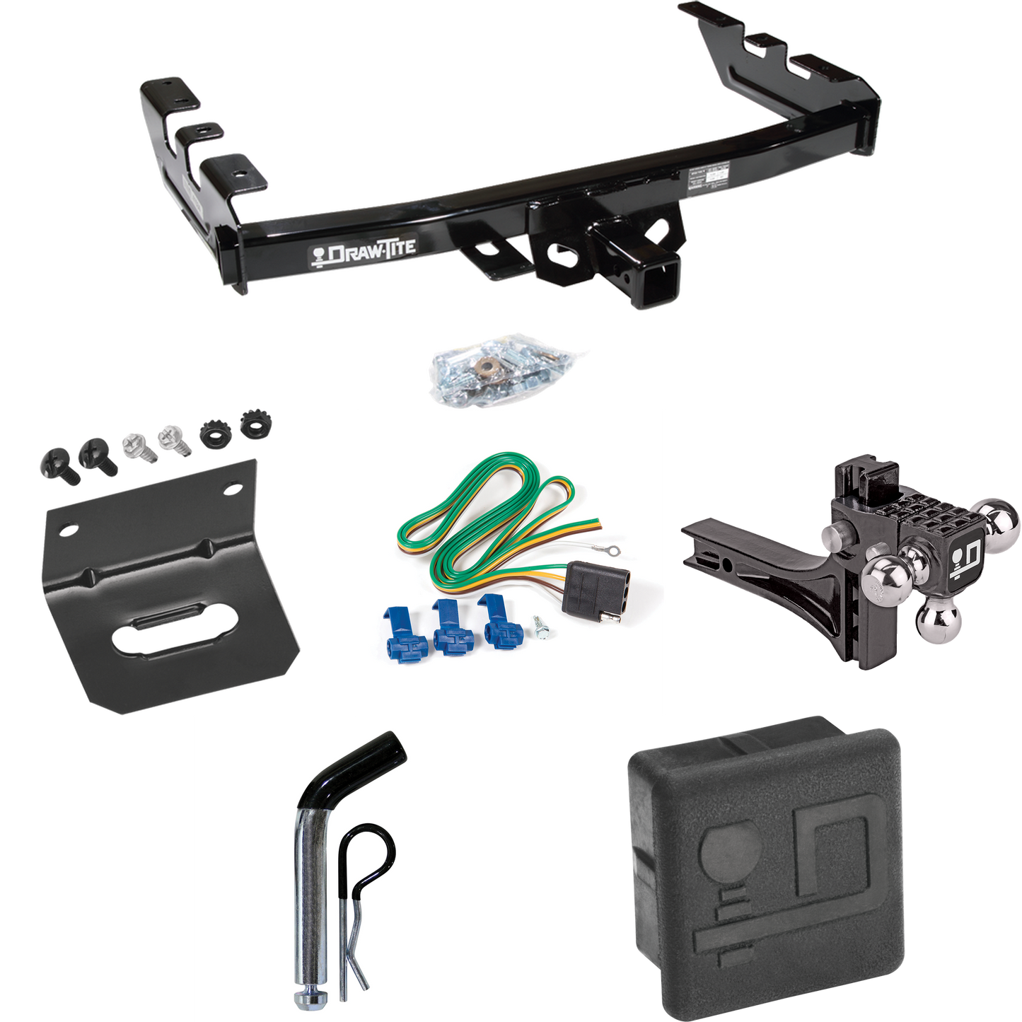 Fits 1999-2002 Chevrolet Silverado 1500 Trailer Hitch Tow PKG w/ 4-Flat Wiring + Adjustable Drop Rise Triple Ball Ball Mount 1-7/8" & 2" & 2-5/16" Trailer Balls + Pin/Clip + Wiring Bracket + Hitch Cover By Draw-Tite