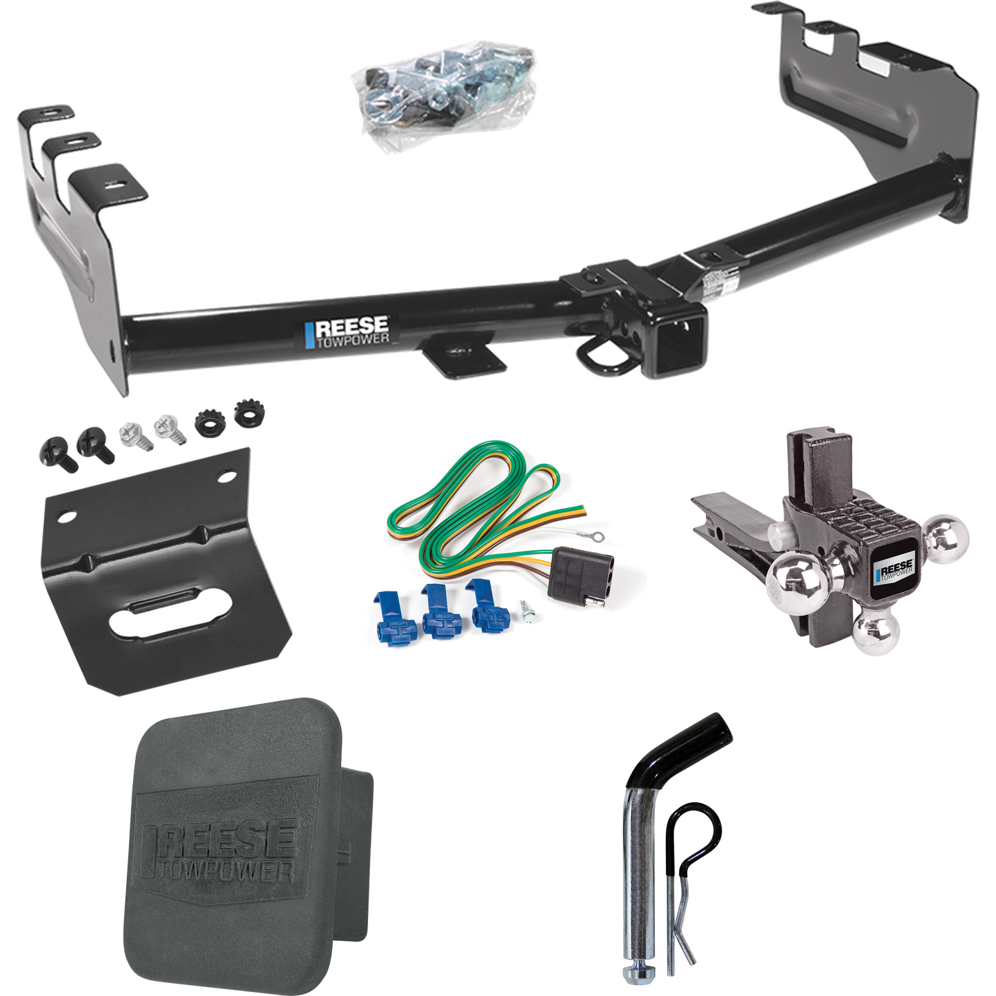 Fits 2005-2007 GMC Sierra 1500 HD Trailer Hitch Tow PKG w/ 4-Flat Wiring + Adjustable Drop Rise Triple Ball Ball Mount 1-7/8" & 2" & 2-5/16" Trailer Balls + Pin/Clip + Wiring Bracket + Hitch Cover (For (Classic) Models) By Reese Towpower