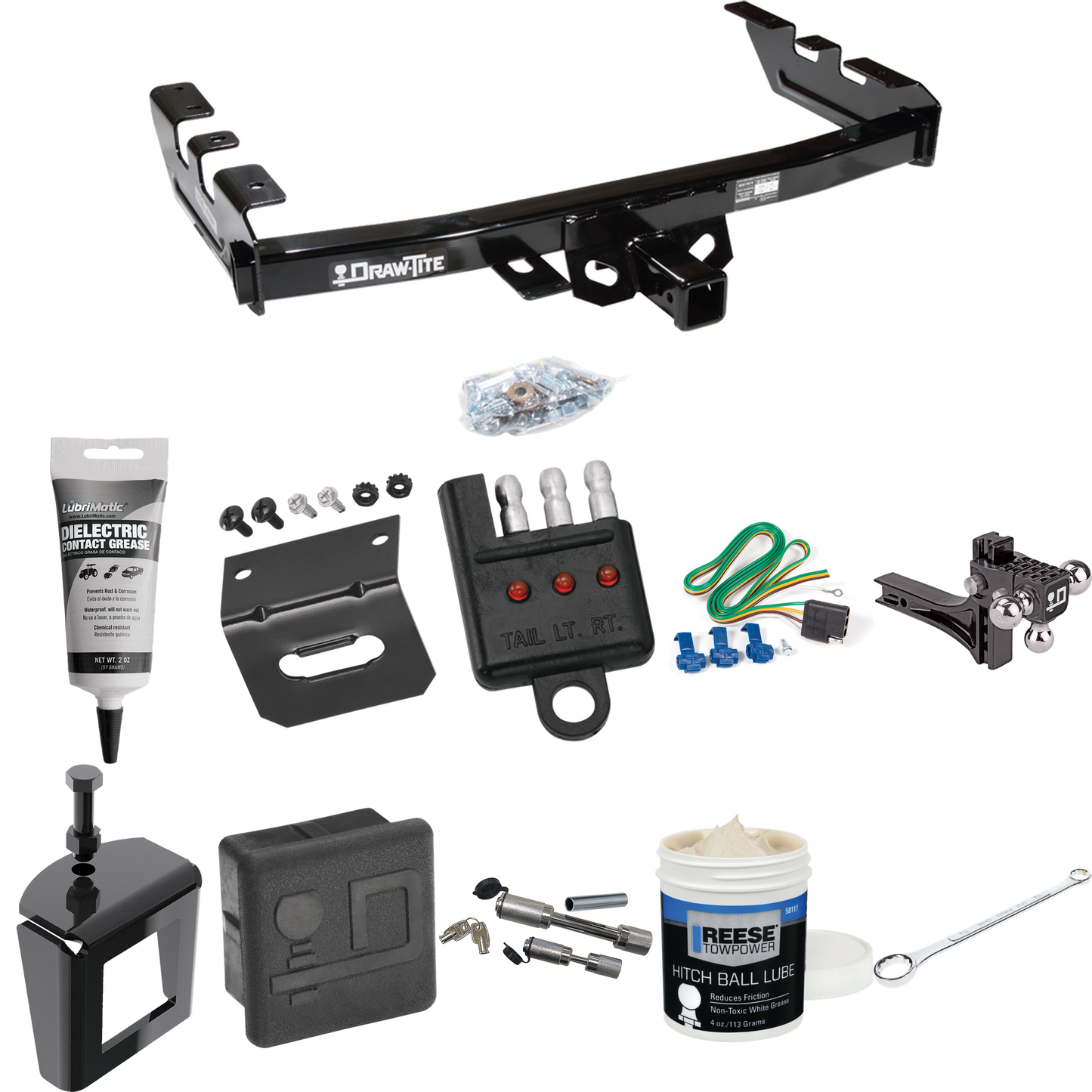 Fits 1999-2004 GMC Sierra 2500 Trailer Hitch Tow PKG w/ 4-Flat Wiring + Adjustable Drop Rise Triple Ball Ball Mount 1-7/8" & 2" & 2-5/16" Trailer Balls + Wiring Bracket + Hitch Cover + Dual Hitch & Coupler Locks + Wiring Tester + Ball Lube + Electric