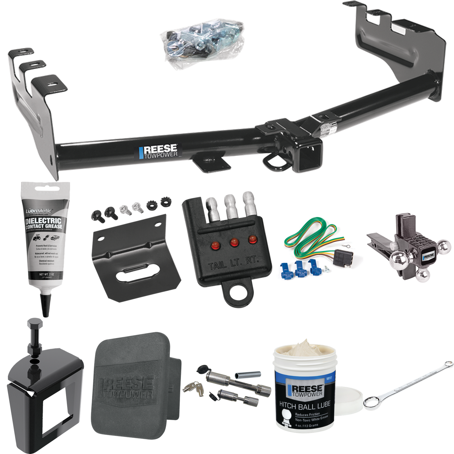 Fits 1999-2002 GMC Sierra 1500 Trailer Hitch Tow PKG w/ 4-Flat Wiring + Adjustable Drop Rise Triple Ball Ball Mount 1-7/8" & 2" & 2-5/16" Trailer Balls + Wiring Bracket + Hitch Cover + Dual Hitch & Coupler Locks + Wiring Tester + Ball Lube + Electric