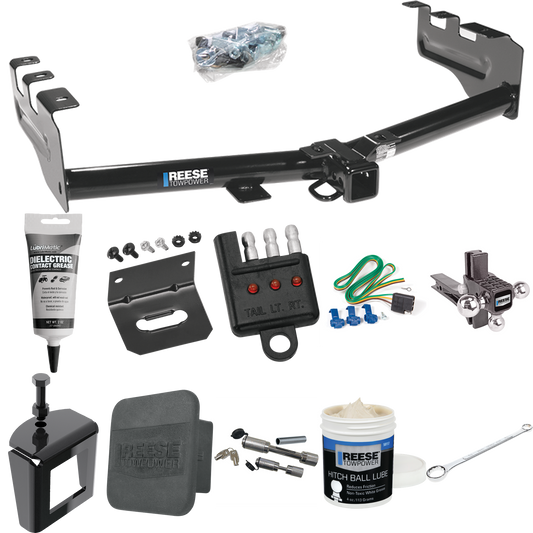 Fits 1999-2002 GMC Sierra 1500 Trailer Hitch Tow PKG w/ 4-Flat Wiring + Adjustable Drop Rise Triple Ball Ball Mount 1-7/8" & 2" & 2-5/16" Trailer Balls + Wiring Bracket + Hitch Cover + Dual Hitch & Coupler Locks + Wiring Tester + Ball Lube + Electric