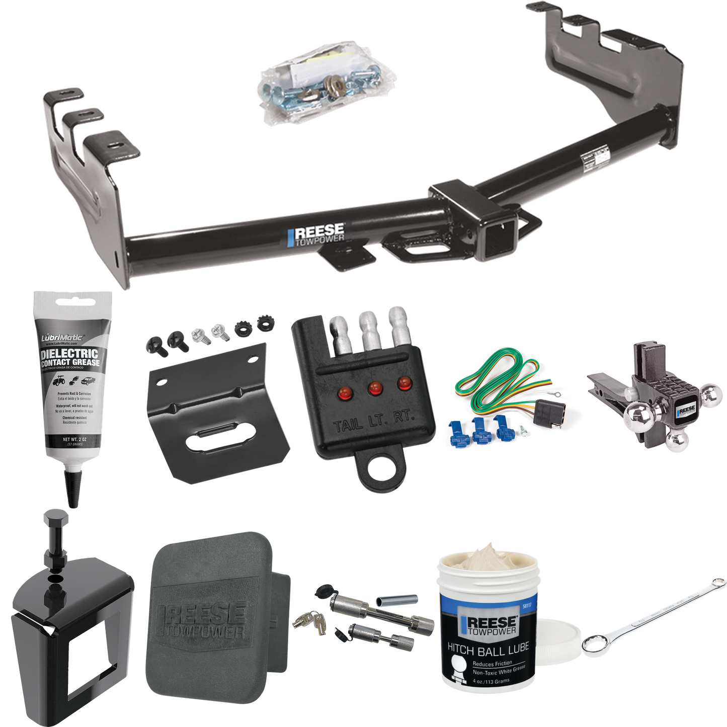 Fits 2001-2003 Chevrolet Silverado 1500 HD Trailer Hitch Tow PKG w/ 4-Flat Wiring + Adjustable Drop Rise Triple Ball Ball Mount 1-7/8" & 2" & 2-5/16" Trailer Balls + Wiring Bracket + Hitch Cover + Dual Hitch & Coupler Locks + Wiring Tester + Ball Lub