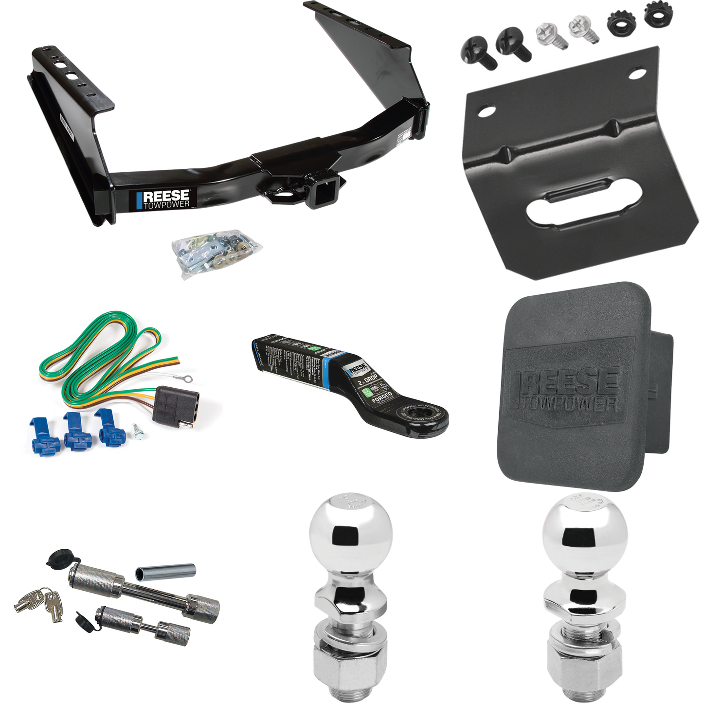 Fits 1999-2023 Ford F-250 Super Duty Trailer Hitch Tow PKG w/ 4-Flat Wiring Harness + Ball Mount w/ 2" Drop + Dual Hitch & Coupler Locks + 2" Ball + 2-5/16" Ball + Hitch Cover + Wiring Bracket (Excludes: Cab & Chassis Models) By Reese Towpower