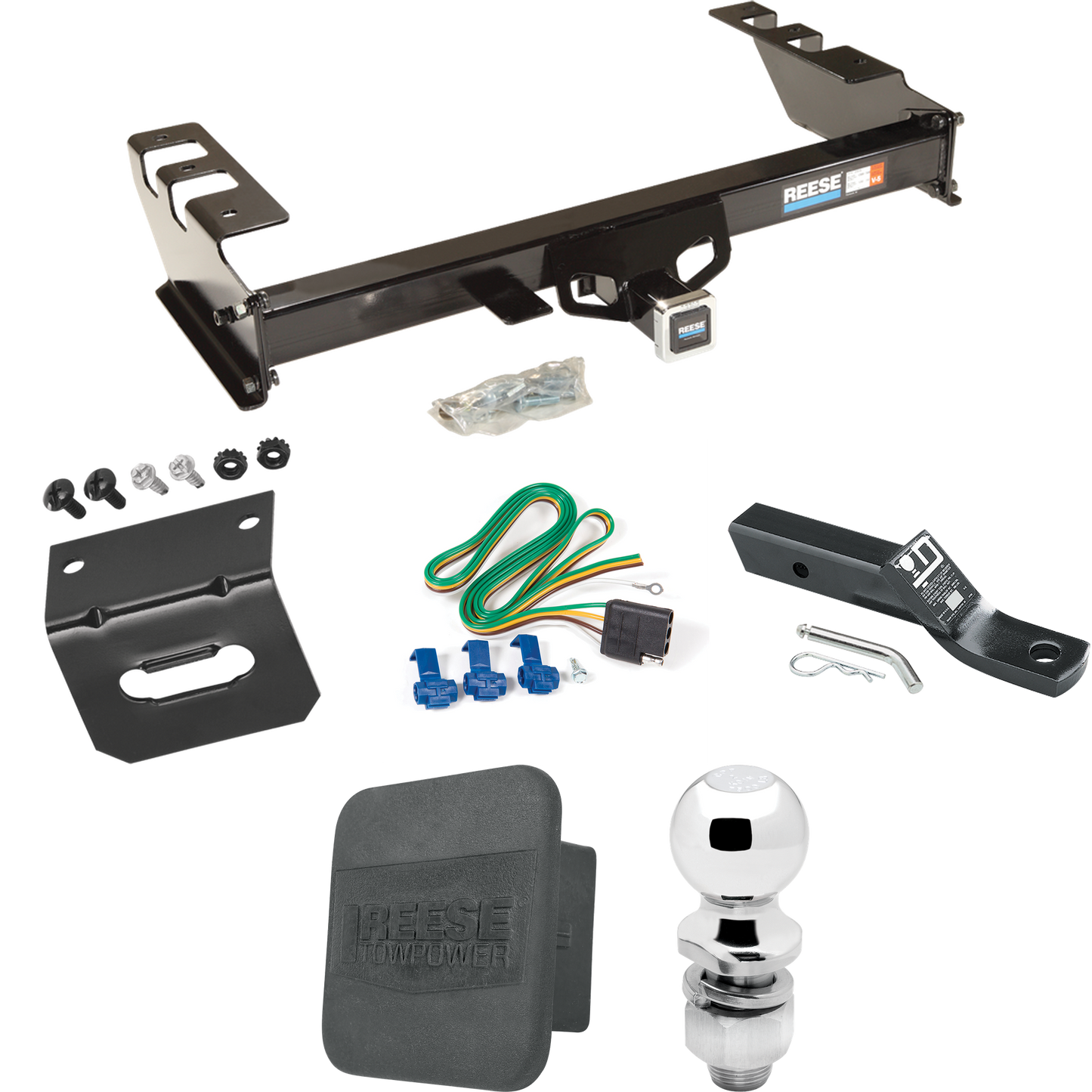 Fits 2001-2003 Chevrolet Silverado 1500 HD Trailer Hitch Tow PKG w/ 4-Flat Wiring + Ball Mount w/ 2" Drop & 2" Ball + Wiring Bracket + Hitch Cover By Reese Towpower