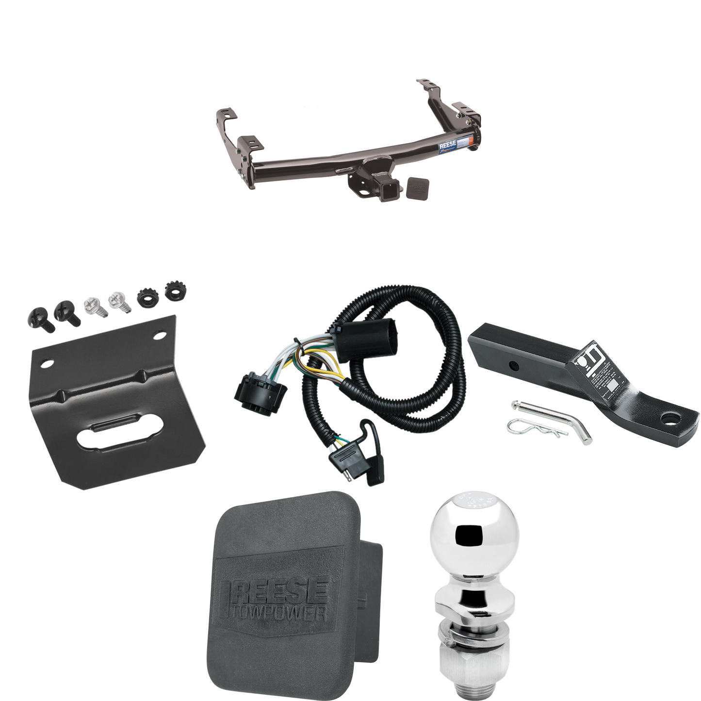 Se adapta al paquete de enganche de remolque GMC Sierra 1500 2007-2007 con 4 cables planos + soporte de bola con caída de 2" y bola de 2" + soporte de cableado + cubierta de enganche (para modelos (clásicos)) de Reese Towpower