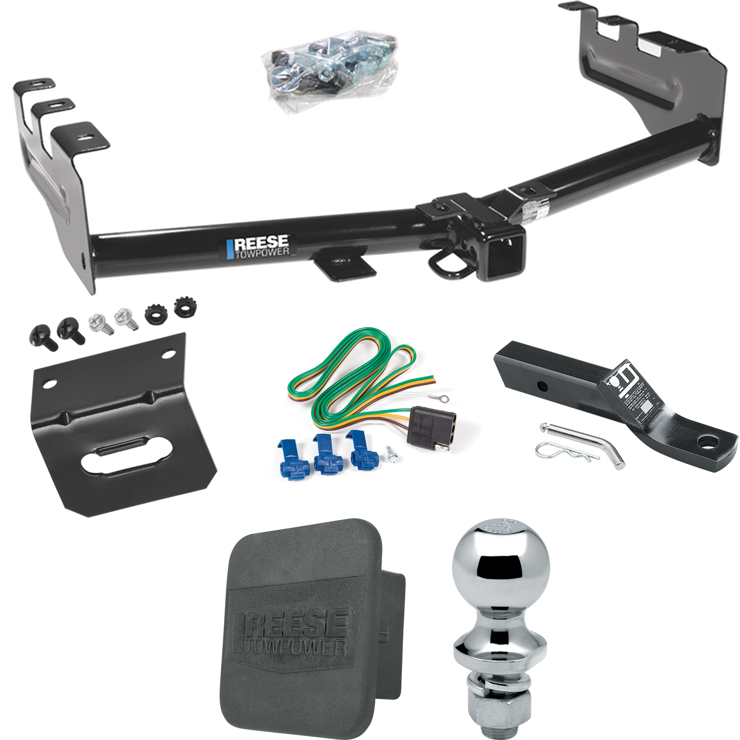 Fits 2005-2007 Chevrolet Silverado 1500 HD Trailer Hitch Tow PKG w/ 4-Flat Wiring + Ball Mount w/ 2" Drop + 1-7/8" Ball + Wiring Bracket + Hitch Cover (For (Classic) Models) By Reese Towpower