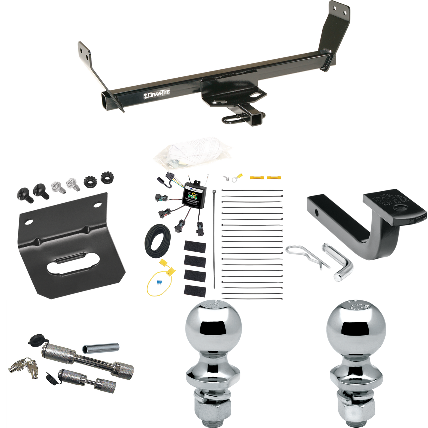 Fits 2007-2010 Chrysler Sebring Trailer Hitch Tow PKG w/ 4-Flat Zero Contact "No Splice" Wiring Harness + Draw-Bar + 1-7/8" + 2" Ball + Wiring Bracket + Dual Hitch & Coupler Locks (For Convertible Models) By Draw-Tite