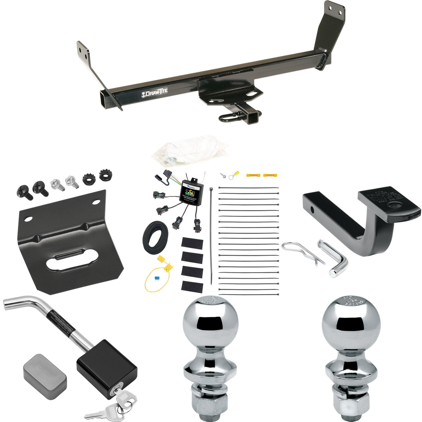 Fits 2007-2010 Chrysler Sebring Trailer Hitch Tow PKG w/ 4-Flat Zero Contact "No Splice" Wiring Harness + Draw-Bar + 1-7/8" + 2" Ball + Wiring Bracket + Hitch Lock (Excludes: Convertible Models) By Draw-Tite