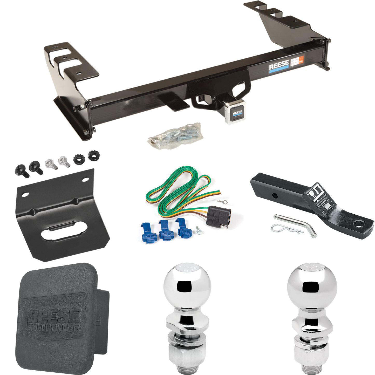 Fits 1999-2002 Chevrolet Silverado 1500 Trailer Hitch Tow PKG w/ 4-Flat Wiring + Ball Mount w/ 2" Drop + 2" Ball + 2-5/16" Ball + Wiring Bracket + Hitch Cover By Reese Towpower