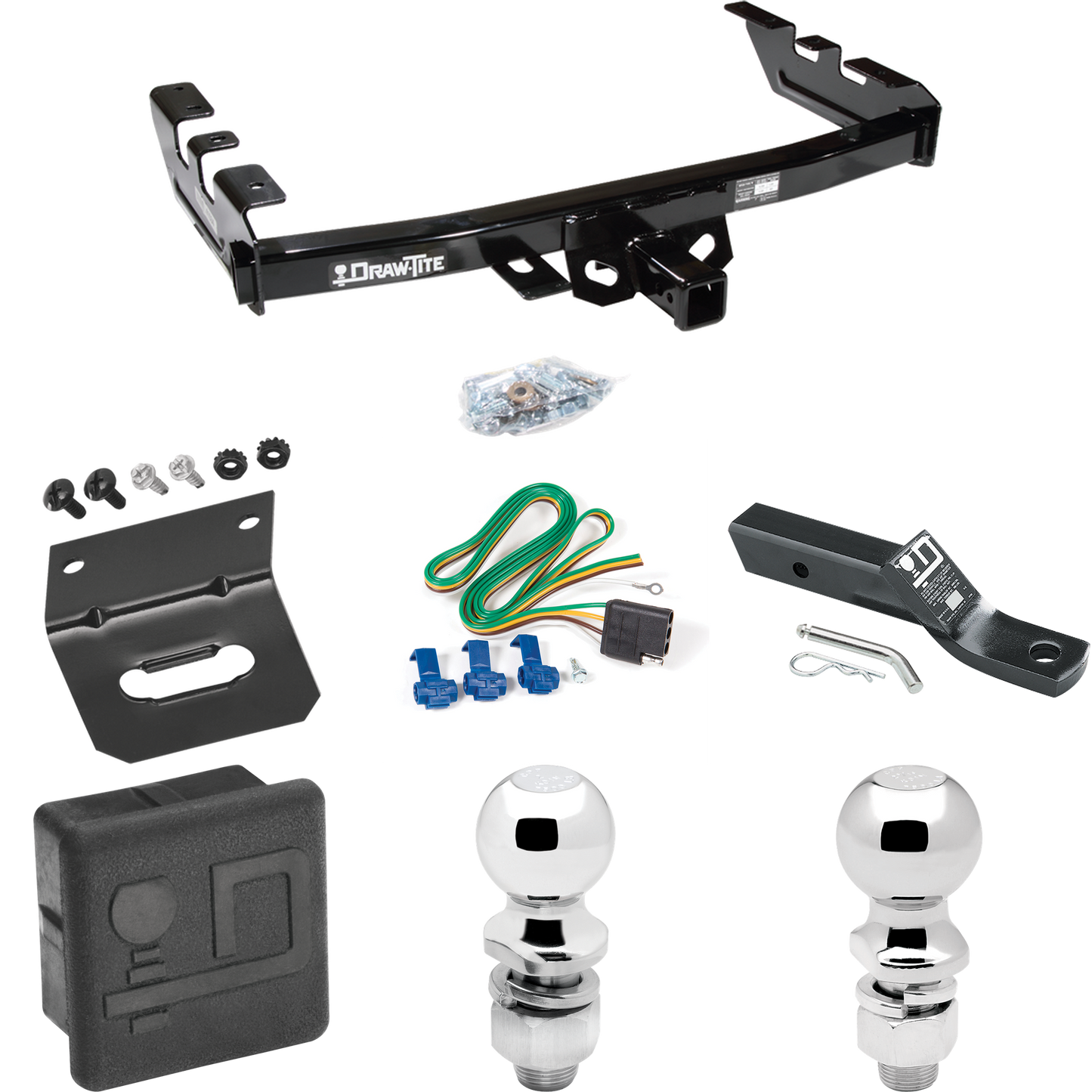 Fits 2001-2003 GMC Sierra 1500 HD Trailer Hitch Tow PKG w/ 4-Flat Wiring + Ball Mount w/ 2" Drop + 2" Ball + 2-5/16" Ball + Wiring Bracket + Hitch Cover By Draw-Tite