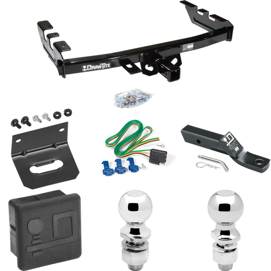 Fits 2001-2003 GMC Sierra 1500 HD Trailer Hitch Tow PKG w/ 4-Flat Wiring + Ball Mount w/ 2" Drop + 2" Ball + 2-5/16" Ball + Wiring Bracket + Hitch Cover By Draw-Tite