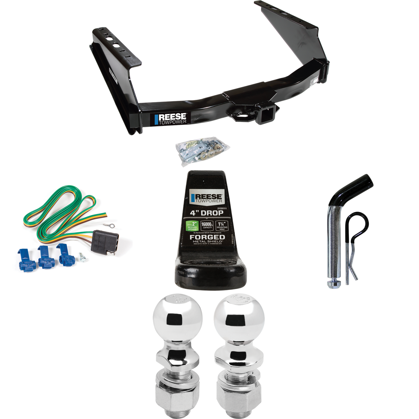 Fits 1999-2023 Ford F-250 Super Duty Trailer Hitch Tow PKG w/ 4-Flat Wiring Harness + Ball Mount w/ 4" Drop + Pin/Clip + 2" Ball + 2-5/16" Ball (Excludes: Cab & Chassis Models) By Reese Towpower