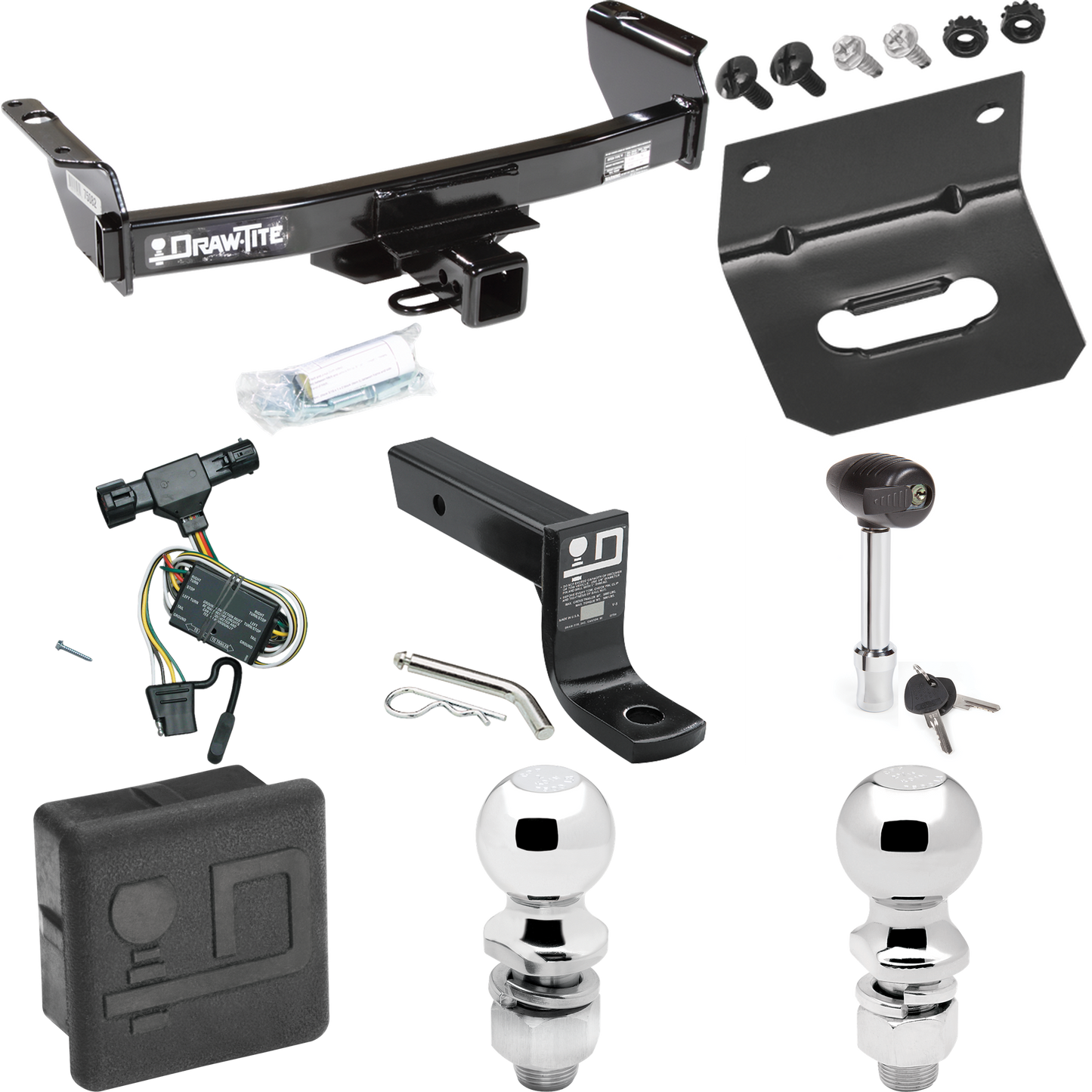 Fits 1994-1997 Mazda B2300 Trailer Hitch Tow PKG w/ 4-Flat Wiring + Ball Mount w/ 4" Drop + 2" Ball + 2-5/16" Ball + Wiring Bracket + Hitch Lock + Hitch Cover By Draw-Tite