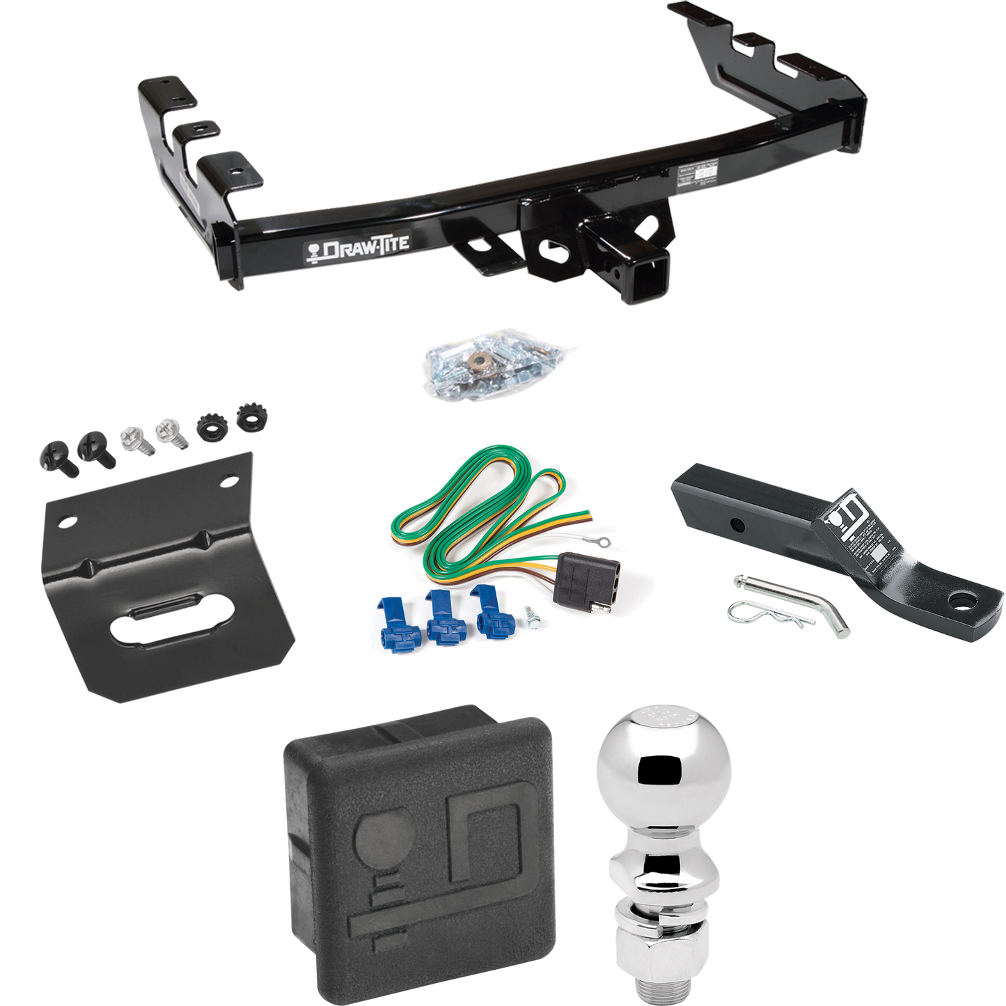 Fits 1999-2002 Chevrolet Silverado 1500 Trailer Hitch Tow PKG w/ 4-Flat Wiring + Ball Mount w/ 2" Drop + 2-5/16" Ball + Wiring Bracket + Hitch Cover By Draw-Tite