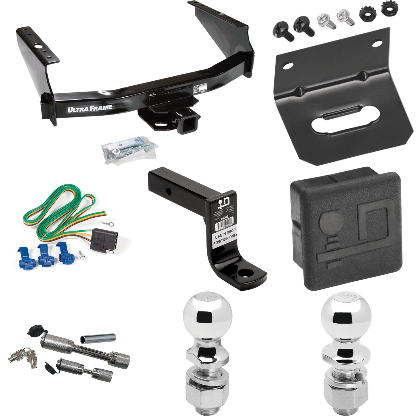 Fits 1999-2004 Ford F-250 Super Duty Trailer Hitch Tow PKG w/ 4-Flat Wiring Harness + Ball Mount w/ 6" Drop + Dual Hitch & Coupler Locks + 2" Ball + 2-5/16" Ball + Hitch Cover + Wiring Bracket (Excludes: Cab & Chassis Models) By Draw-Tite