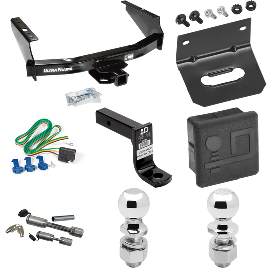 Fits 1999-2004 Ford F-250 Super Duty Trailer Hitch Tow PKG w/ 4-Flat Wiring Harness + Ball Mount w/ 6" Drop + Dual Hitch & Coupler Locks + 2" Ball + 2-5/16" Ball + Hitch Cover + Wiring Bracket (Excludes: Cab & Chassis Models) By Draw-Tite