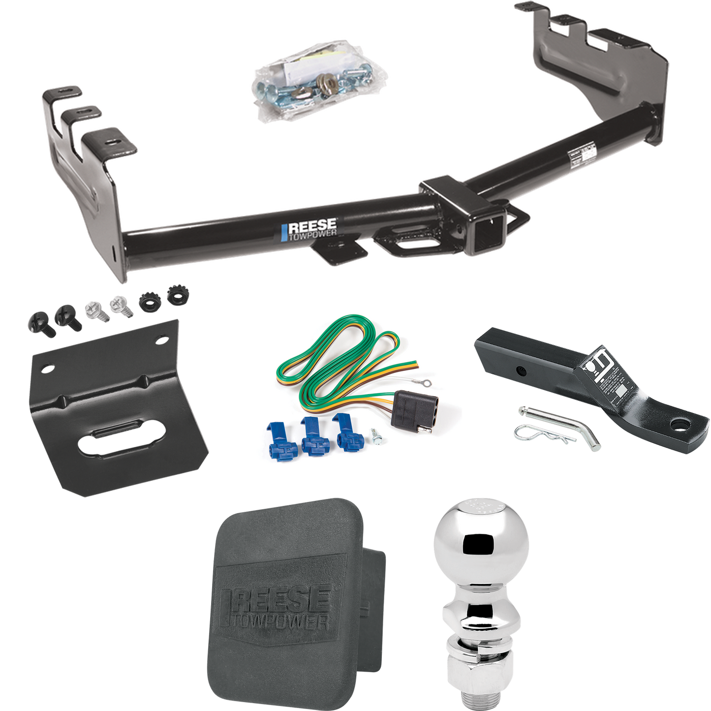 Fits 1999-2002 GMC Sierra 1500 Trailer Hitch Tow PKG w/ 4-Flat Wiring + Ball Mount w/ 2" Drop + 2-5/16" Ball + Wiring Bracket + Hitch Cover By Reese Towpower