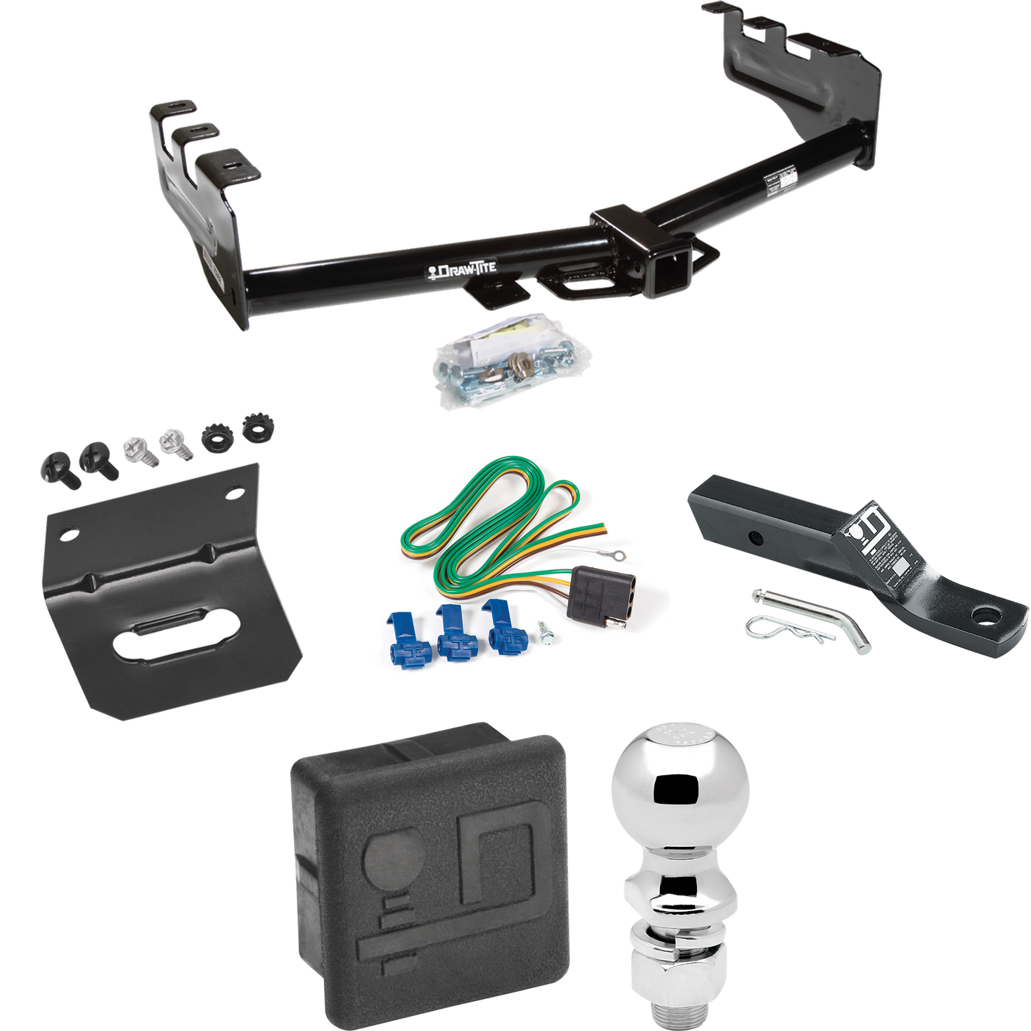 Fits 1999-2002 GMC Sierra 1500 Trailer Hitch Tow PKG w/ 4-Flat Wiring + Ball Mount w/ 2" Drop + 2-5/16" Ball + Wiring Bracket + Hitch Cover By Draw-Tite