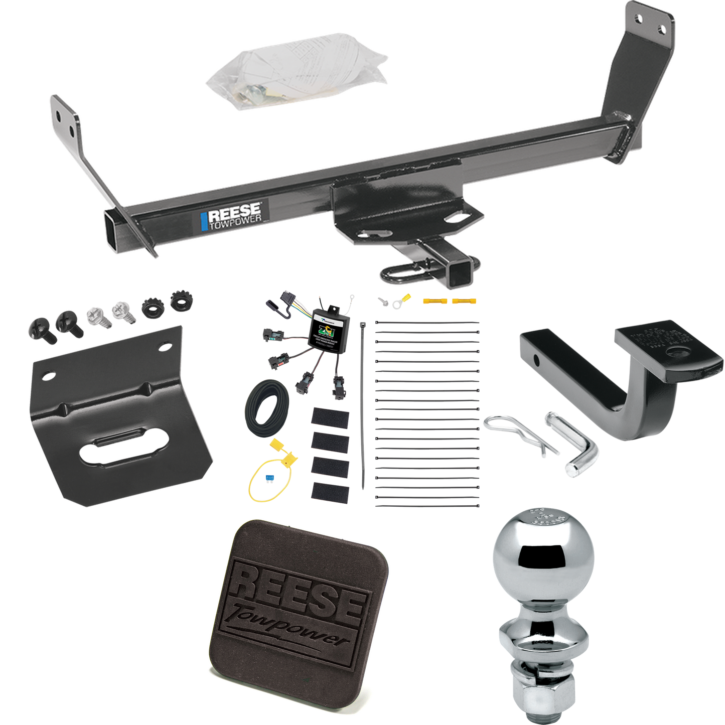 Se adapta al paquete de remolque con enganche para remolque Dodge Avenger 2008-2011 con arnés de cableado de 4 contactos planos "sin empalme" + barra de tracción + bola de 2" + soporte de cableado + cubierta de enganche de Reese Towpower