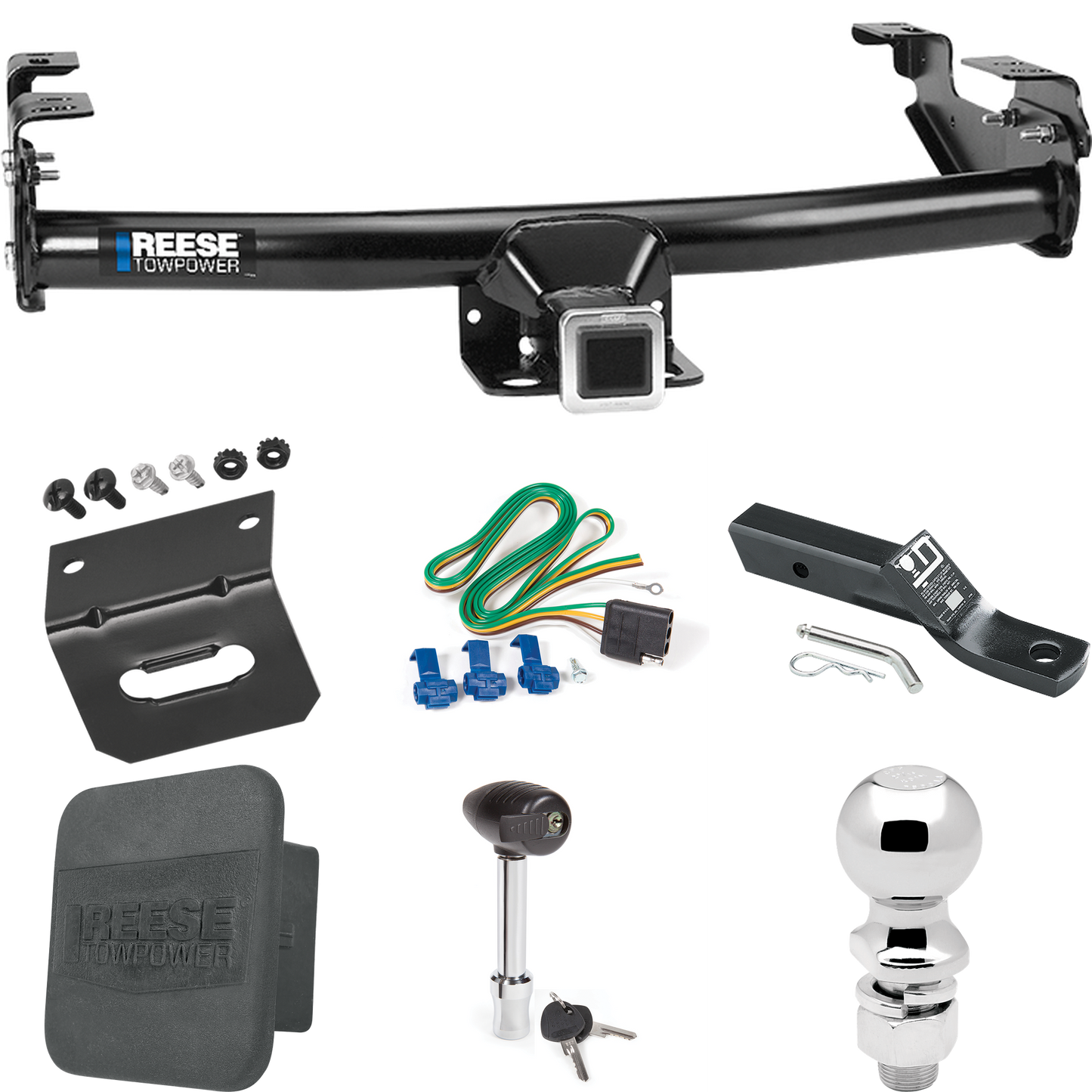 Fits 1980-1983 Ford F-100 Trailer Hitch Tow PKG w/ 4-Flat Wiring + Ball Mount w/ 2" Drop + 2-5/16" Ball + Wiring Bracket + Hitch Lock + Hitch Cover (Excludes: w/Custom Fascia Models) By Reese Towpower