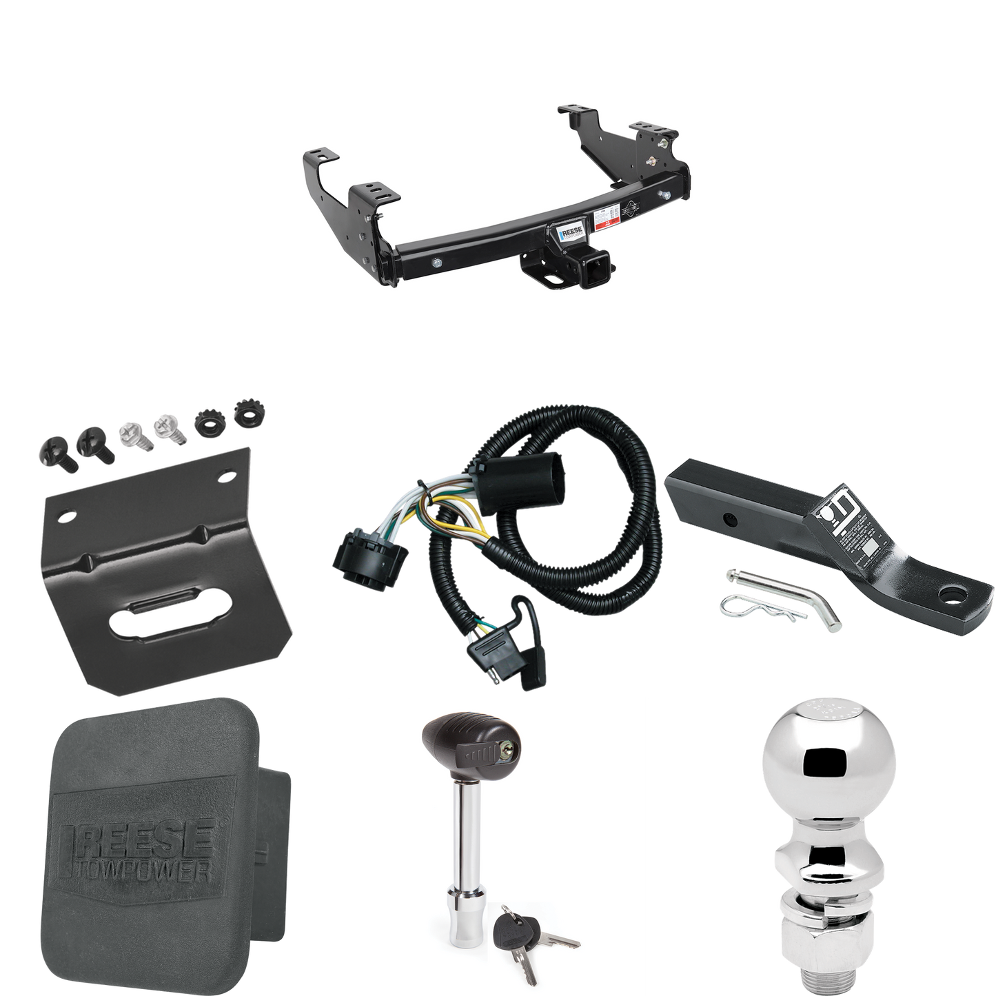 Fits 2007-2007 GMC Sierra 1500 HD Trailer Hitch Tow PKG w/ 4-Flat Wiring + Ball Mount w/ 2" Drop + 2-5/16" Ball + Wiring Bracket + Hitch Lock + Hitch Cover (For (Classic), 6.6 ft. Bed Models) By Reese Towpower