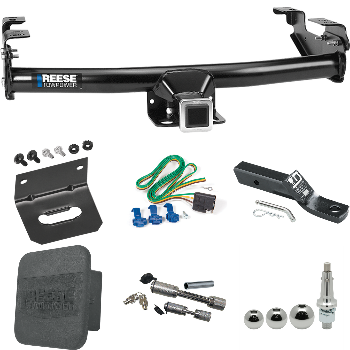 Fits 1980-1986 Ford F-250 Trailer Hitch Tow PKG w/ 4-Flat Wiring + Ball Mount w/ 2" Drop + Interchangeable Ball 1-7/8" & 2" & 2-5/16" + Wiring Bracket + Dual Hitch & Coupler Locks + Hitch Cover (Excludes: w/Custom Fascia Models) By Reese Towpower