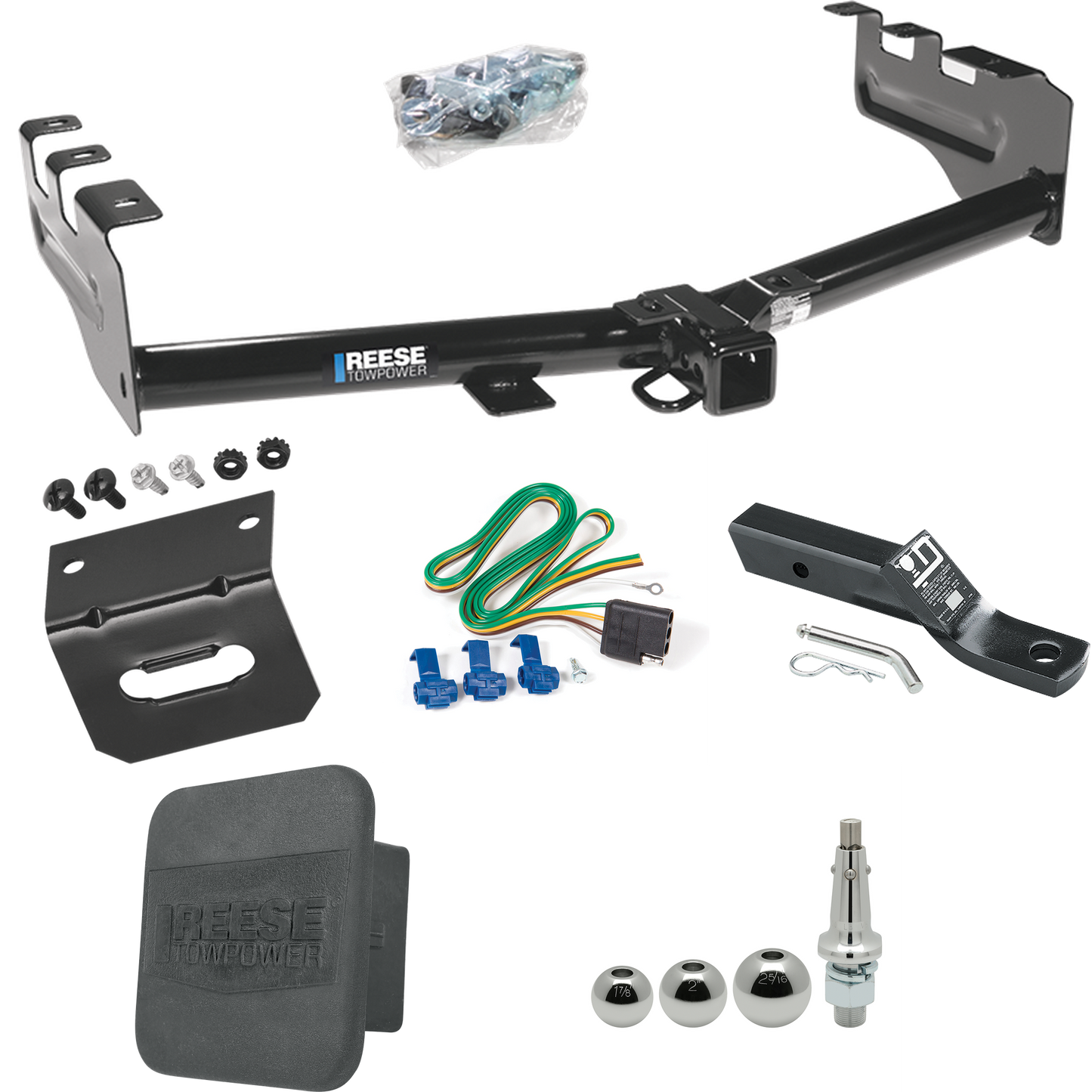 Fits 2005-2007 GMC Sierra 1500 HD Trailer Hitch Tow PKG w/ 4-Flat Wiring + Ball Mount w/ 2" Drop + Interchangeable Ball 1-7/8" & 2" & 2-5/16" + Wiring Bracket + Hitch Cover (For (Classic) Models) By Reese Towpower